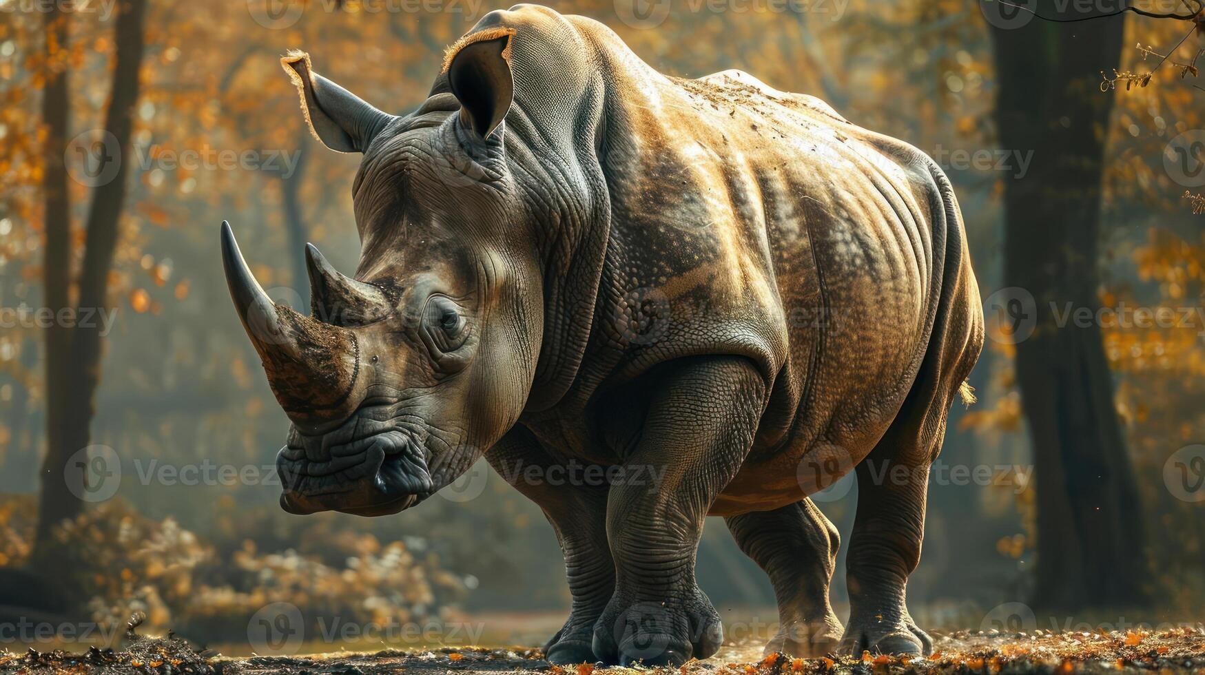 A beautifully illustrated rhino stands amidst the autumn foliage. photo