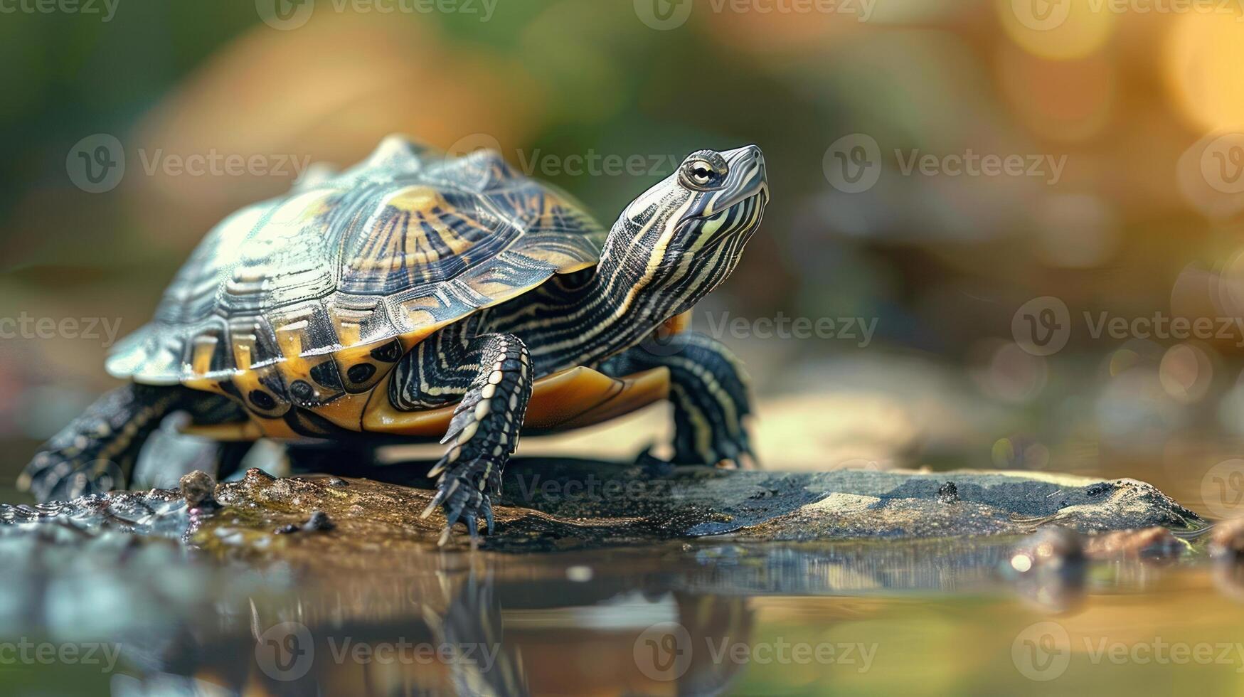 A turtle with a vibrant shell on top of a wet log, near water. photo