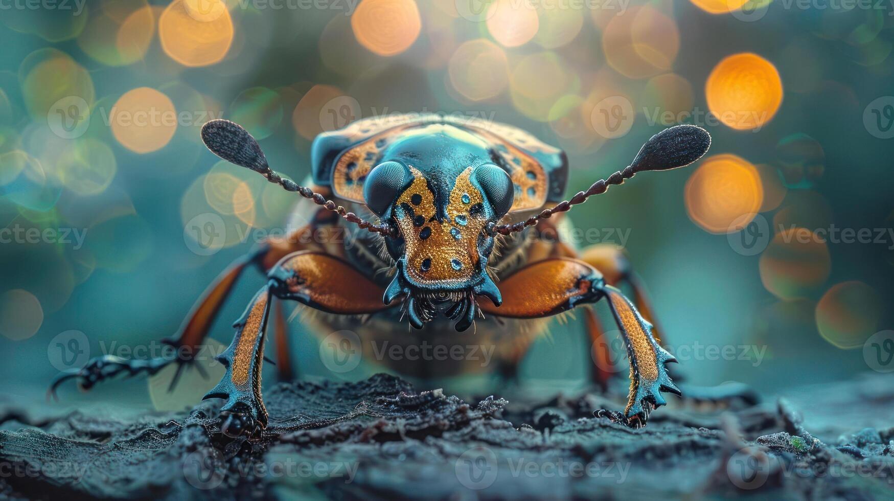 A vibrant insect with blue and yellow markings, standing in a soft focus background of bokeh lights. photo