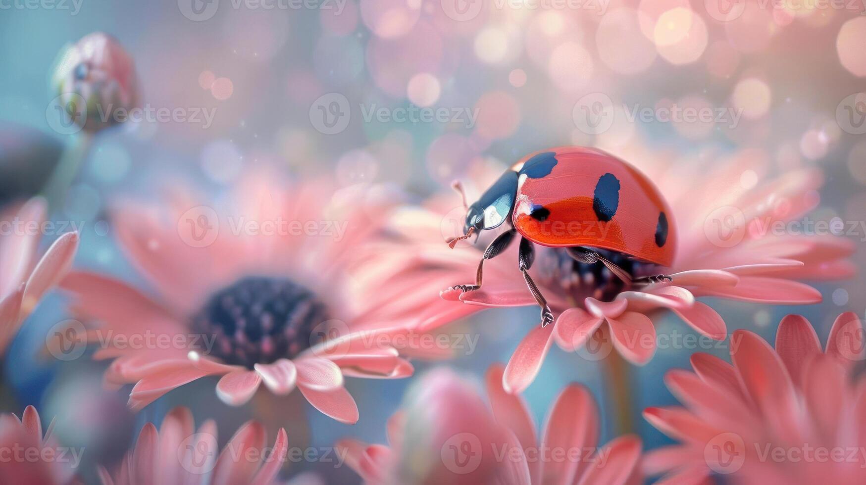 A ladybug is perched on a pink flower, surrounded by more of the same type of flower, photo