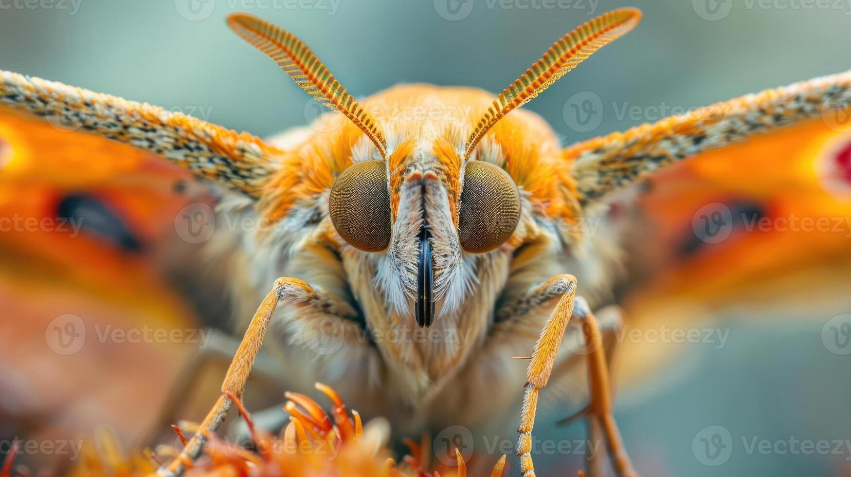 A detailed photograph capturing the expressive face and striking coloration of an orange butterfly. photo