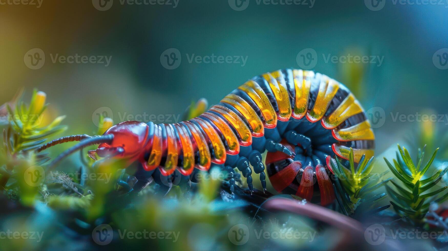 A vibrant red and black caterpillar crawling on a green moss background. photo