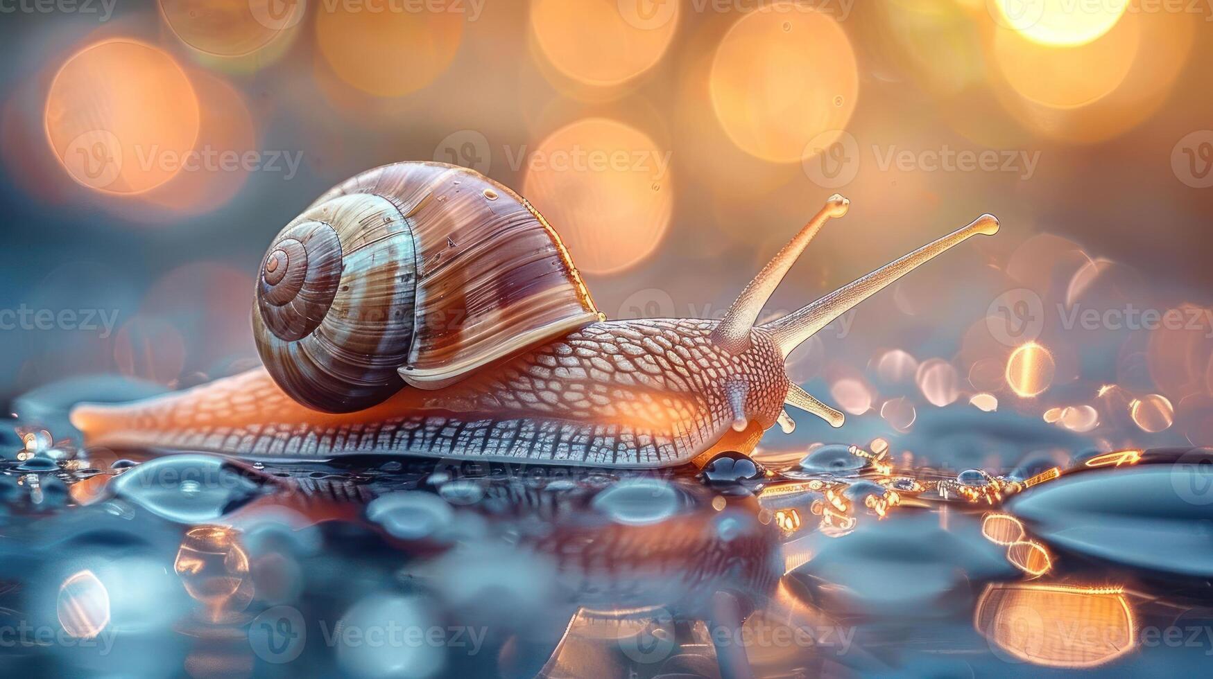 A close-up photo of a snail on wet ground during rain,