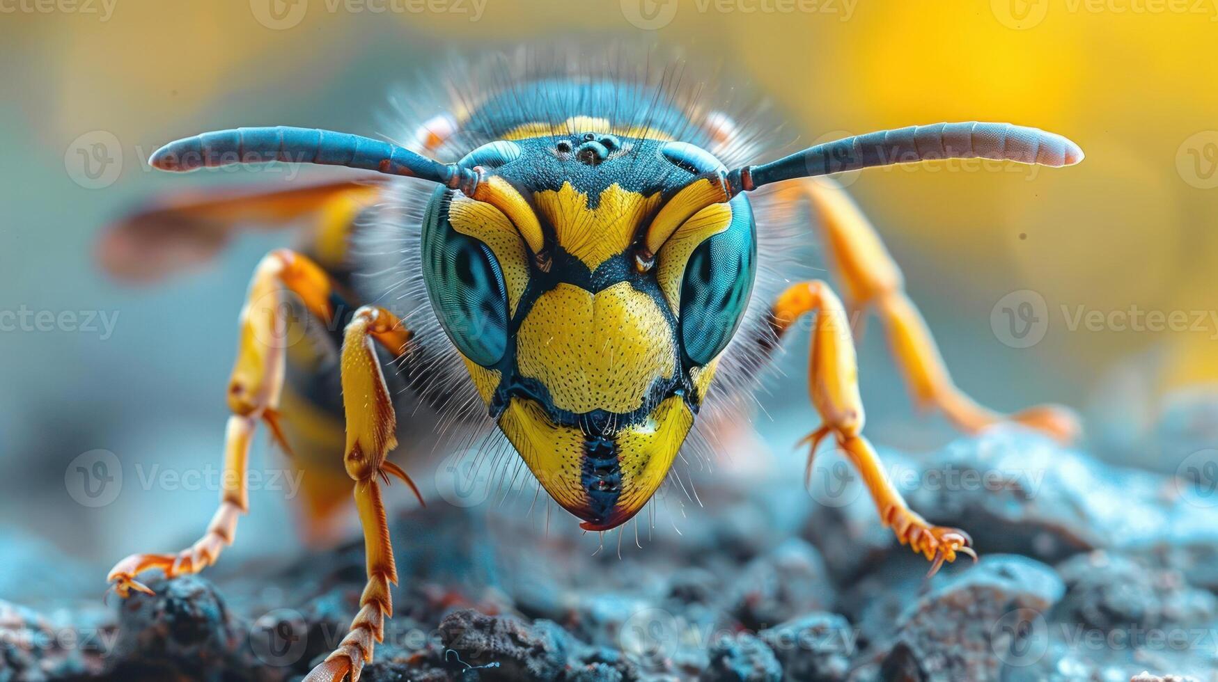 a close-up of a bee with its wings partially spread, photo