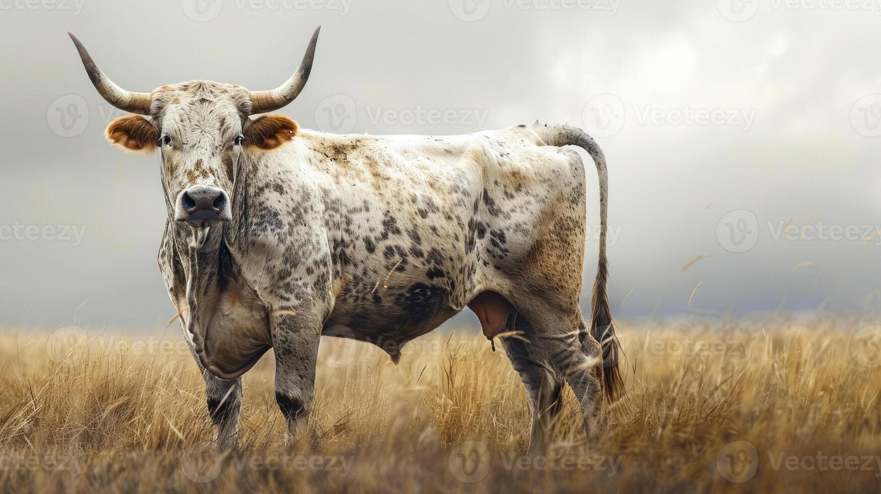 A single cow with long horns in a field. photo