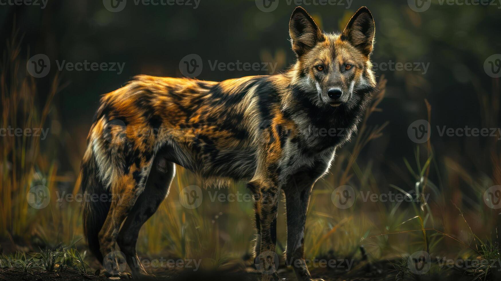 A wolf in a field illuminated by light from a camera flash. photo