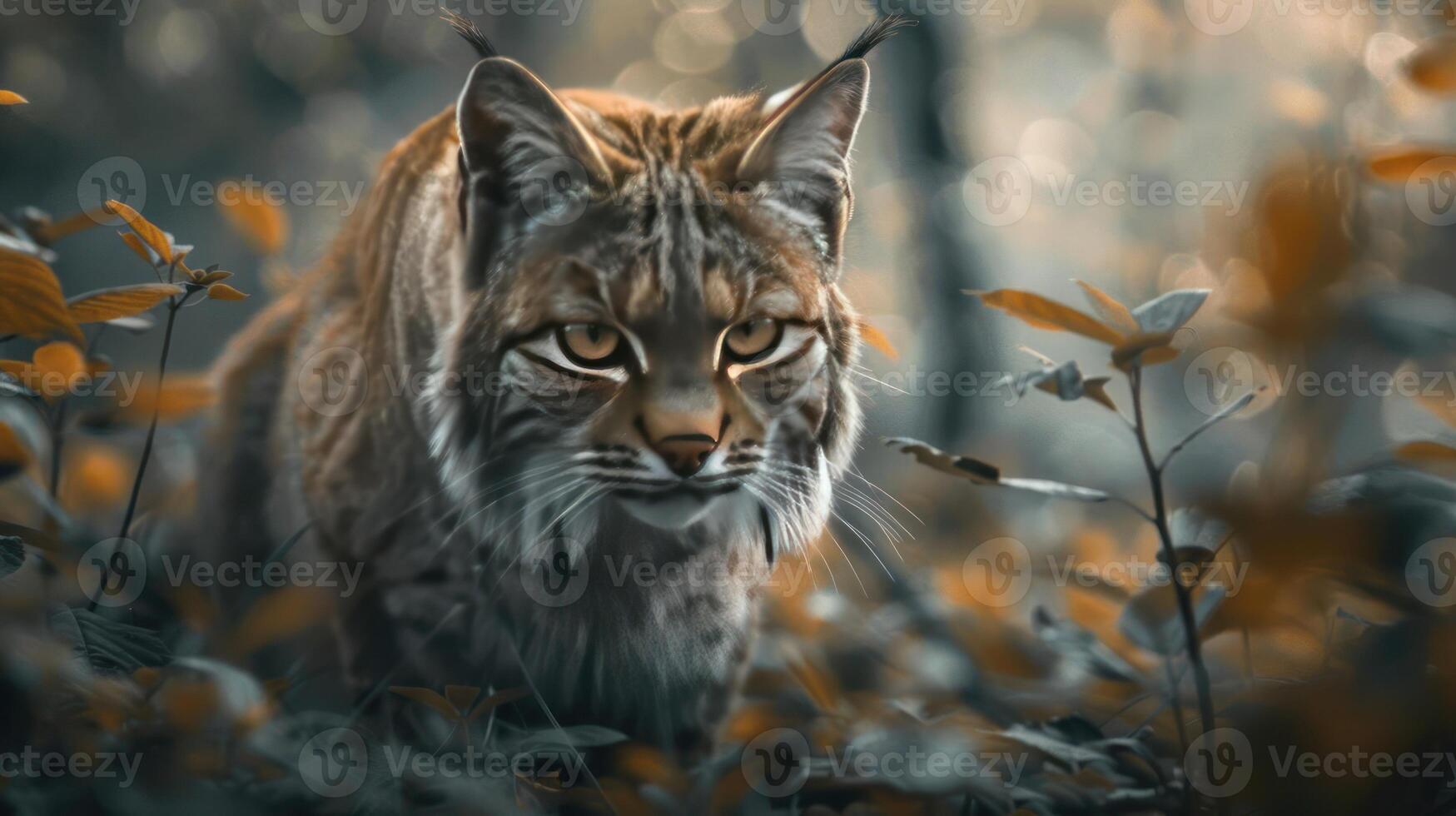 A close-up of a majestic lynx's head in a forest, photo