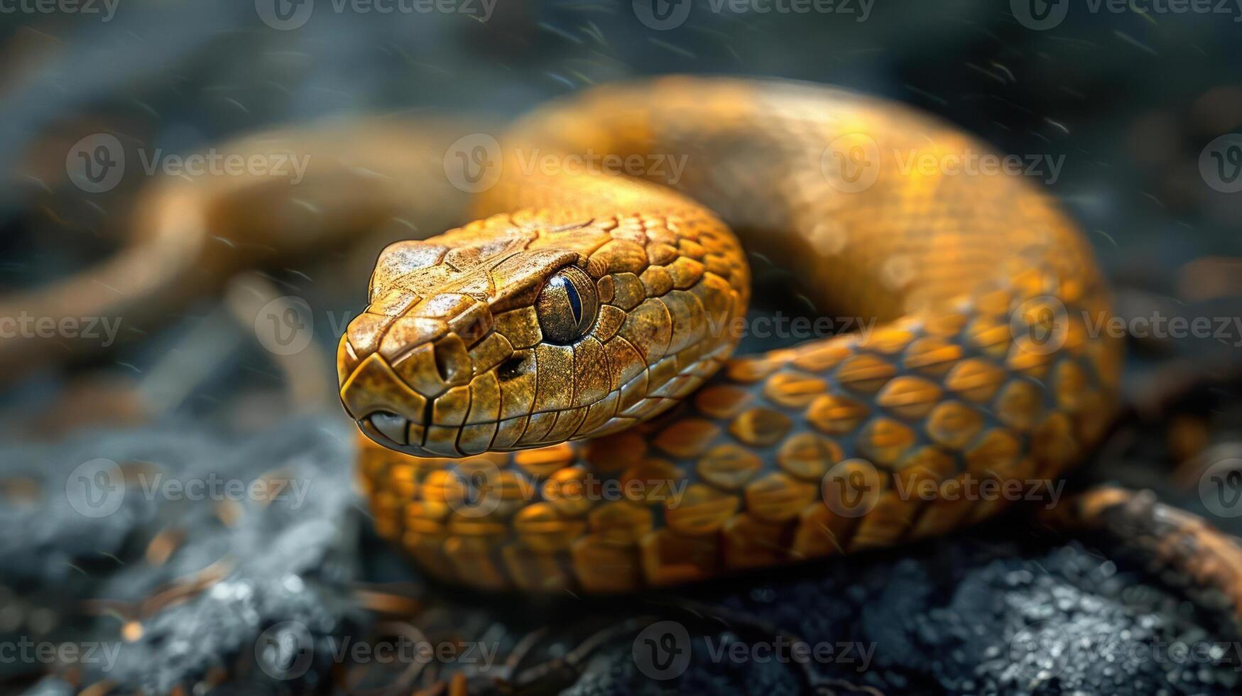 A close-up photo of a yellow snake, likely a king cobra,