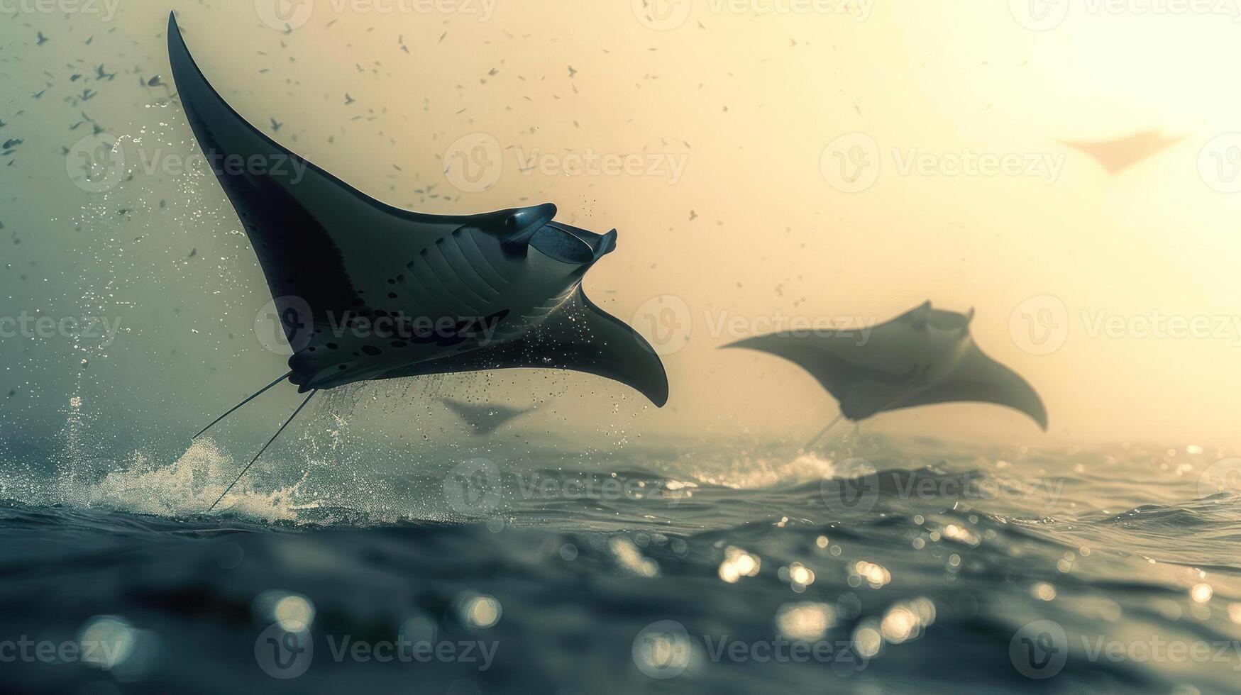 Underwater scene with a ray flying above sea creatures, including stingrays and turtles. photo