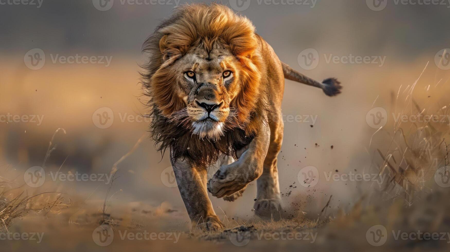 A majestic lion in full stride, embodying the spirit of the wild. photo