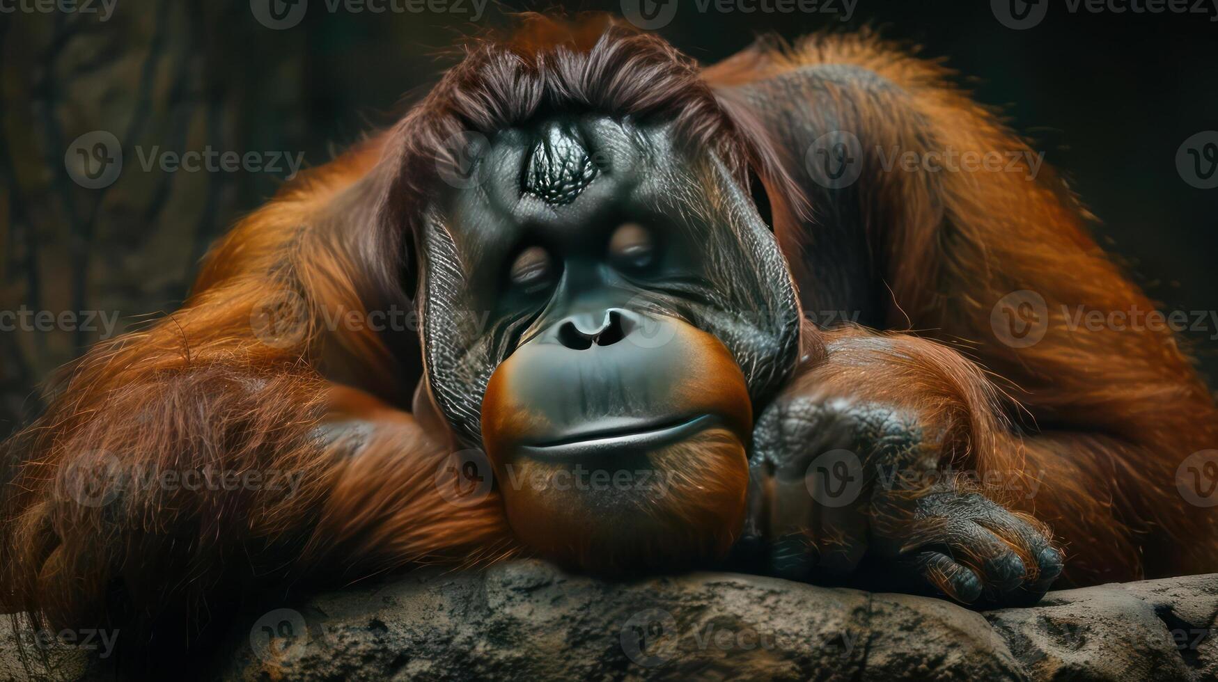 A peaceful orangutan resting with its hand on a stone, in the foreground of a natural environment. photo
