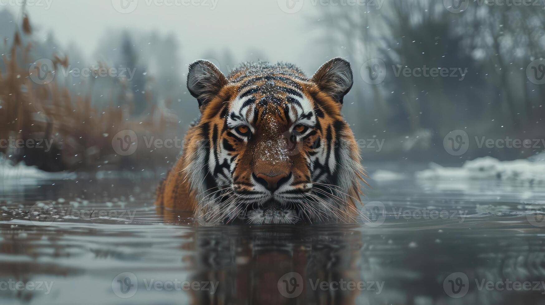 A majestic tiger swimming through a river with a contemplative expression. photo