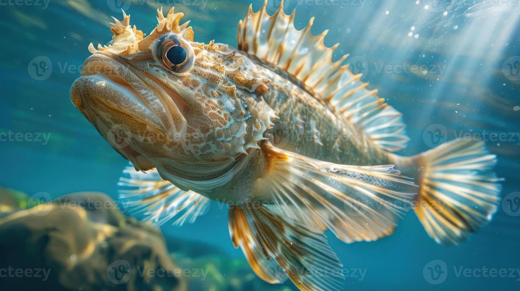 A beautiful yellow fish with a distinctive blue underbelly, swimming through the ocean amidst coral. photo