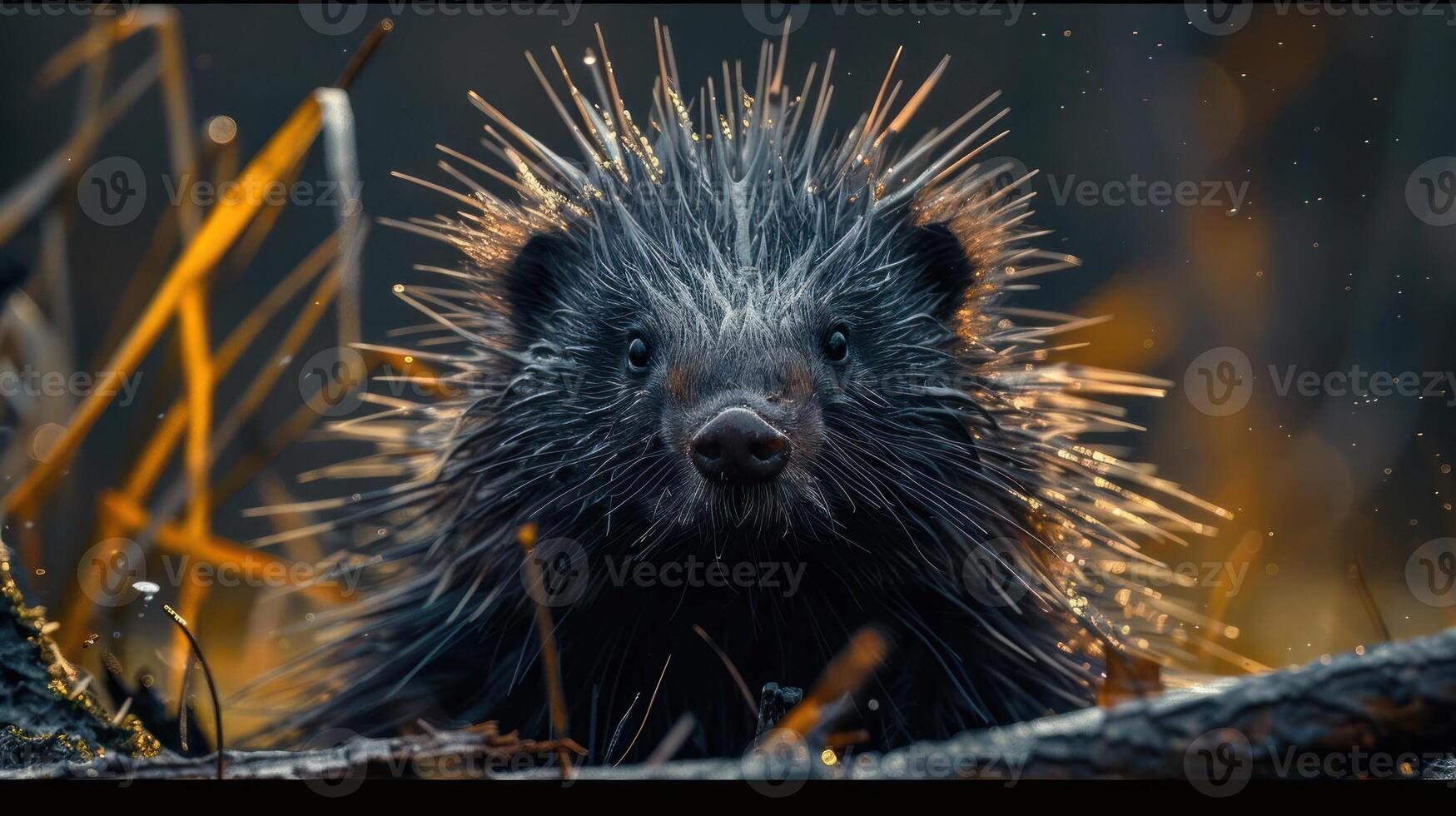 a picture of a wild boar with its quills clearly visible. It looks quite aggressive. photo