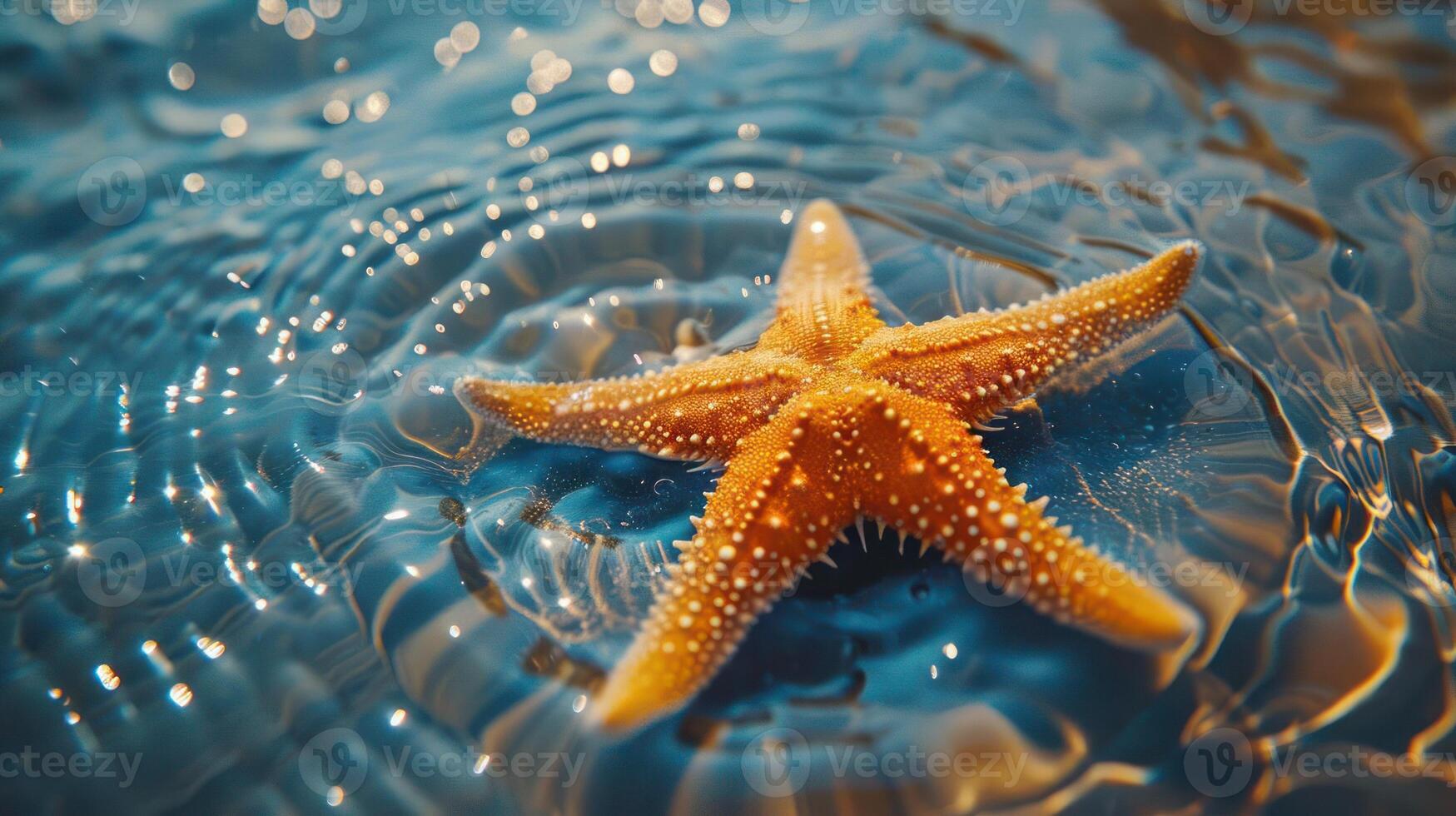 A beautiful starfish lies on top of rippling ocean waves, photo