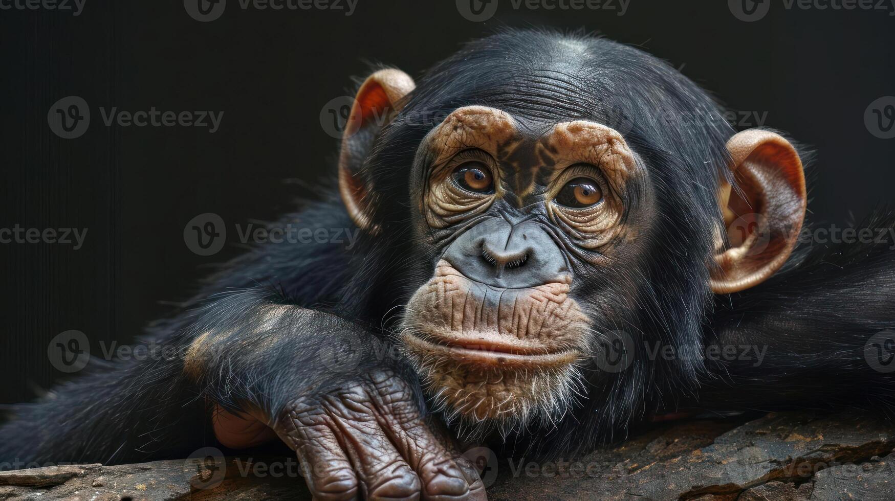 Chimpanzee resting on limb with a thoughtful and relaxed expression. photo