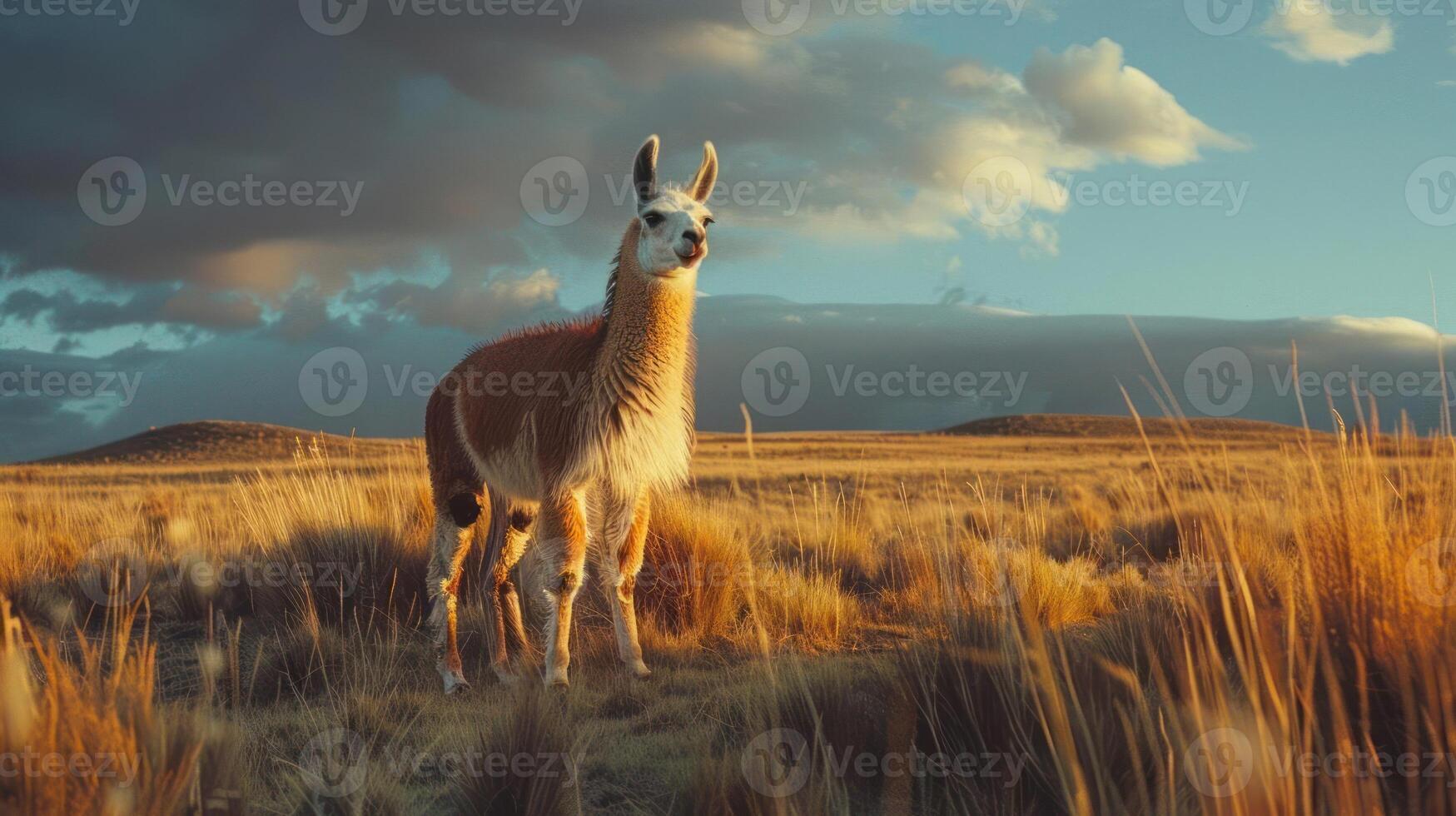 A llama stands on a field of dry grass, with mountains in the distance. photo