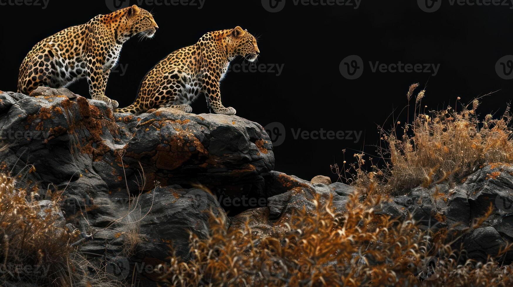 A pair of leopards perched on a rocky outcrop, set against the backdrop of an African landscape. photo