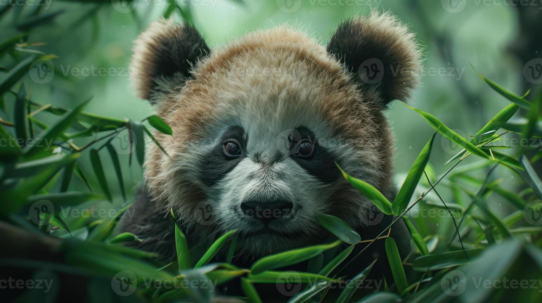 An adorably cute panda cub peeks out from the lush green foliage. photo