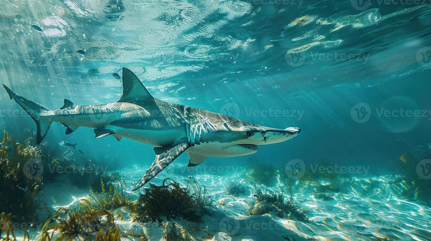 Two sharks in a vibrant underwater environment, surrounded by coral and marine life. photo