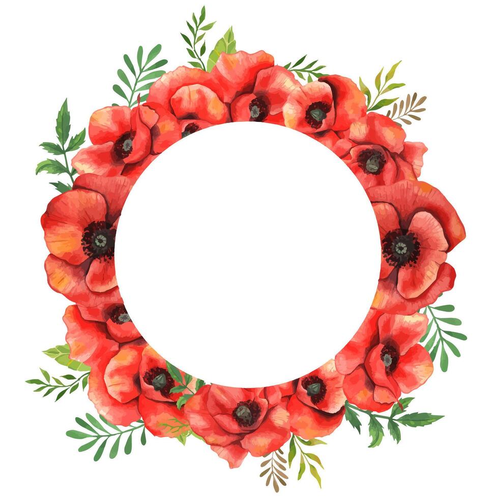 Poppy Watercolor Frame. Leaves and Flowers Aquarelle Trendy graphics. Greenery Branches and Blooming Wildflowers frame. Red Poppy bouquets for luxury wedding invitations, cards, labels. vector
