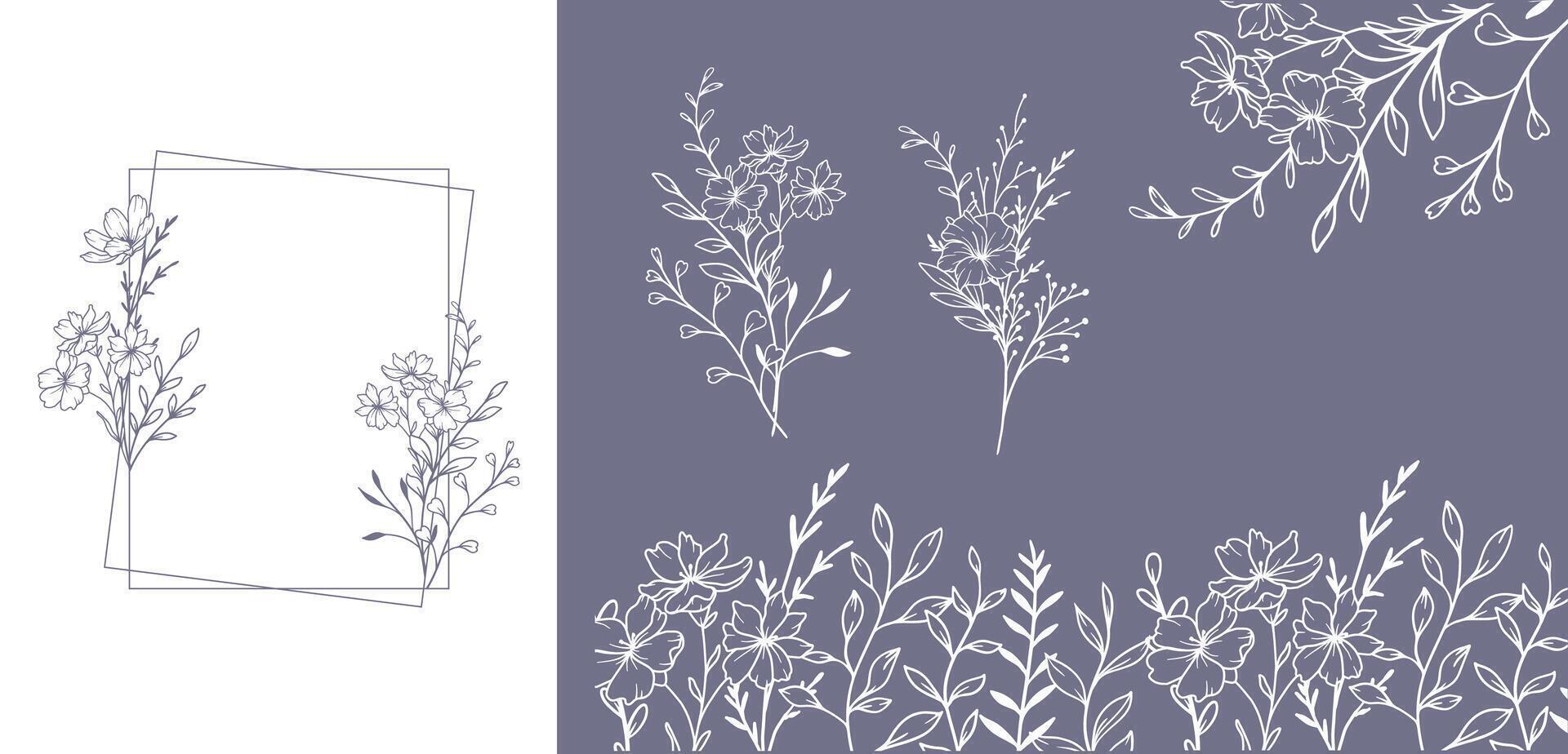 Trendy floral frames with wildflowers and leaves line art. Botanical Line Art Collection of wildflowers. Hand drawn line art graphics. Perfect for Elegant wedding invitations, trendy minimalist cards vector