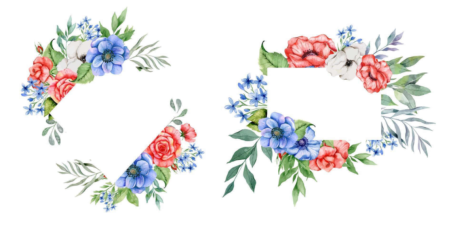 4th of July Patriotic Flower Frame. Patriotic Design. Red Blue and White Flower Frame Watercolor Illustration. Independence Day design element. Hand Painted Watercolor Botanical Illustration. vector