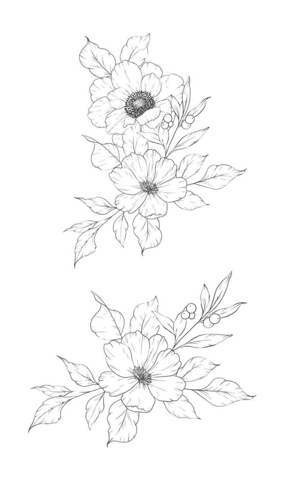 Ink Flower Drawing. Floral Line Art. Anemone Line Art Illustration. Line Art Flower Bouquet. Fine Line Anemone illustration. Hand Drawn flowers. Botanical Coloring. Wedding invitation flowers vector