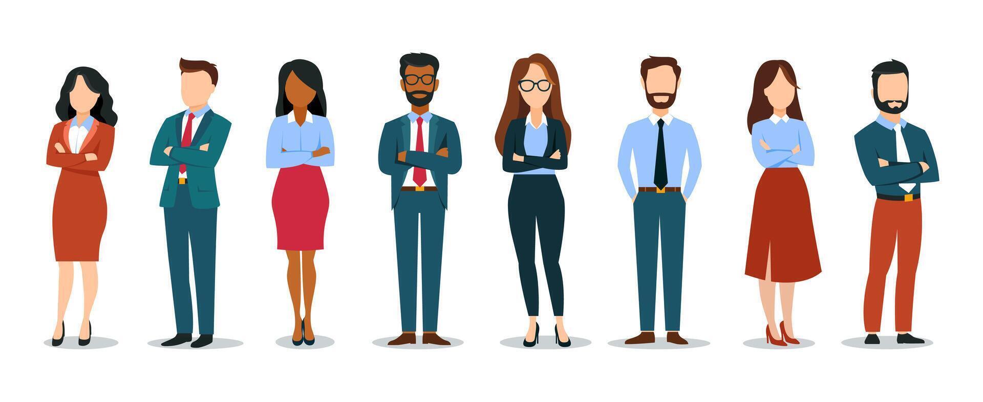 Business Set of 8 Professional People Standing as a Team in a Flat Design vector