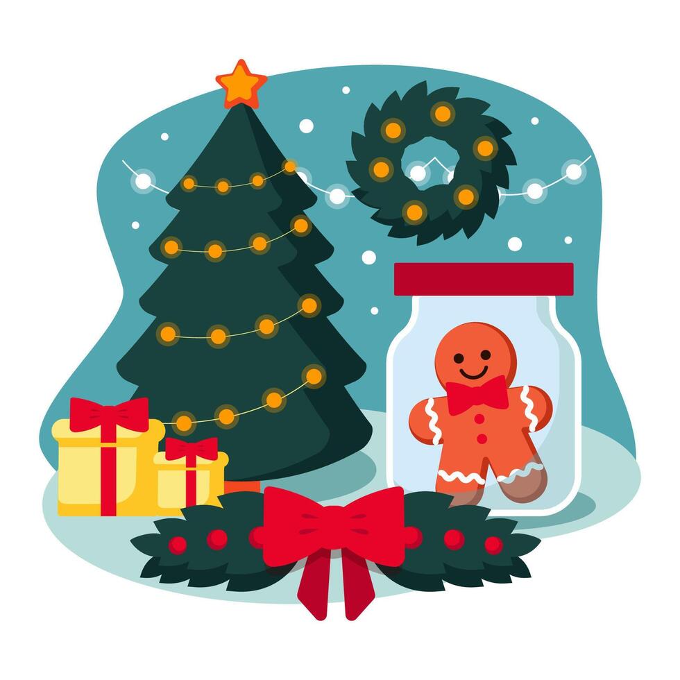 Decorating for the Holidays, Christmas Tree and Garland, Flat Design Graphic vector