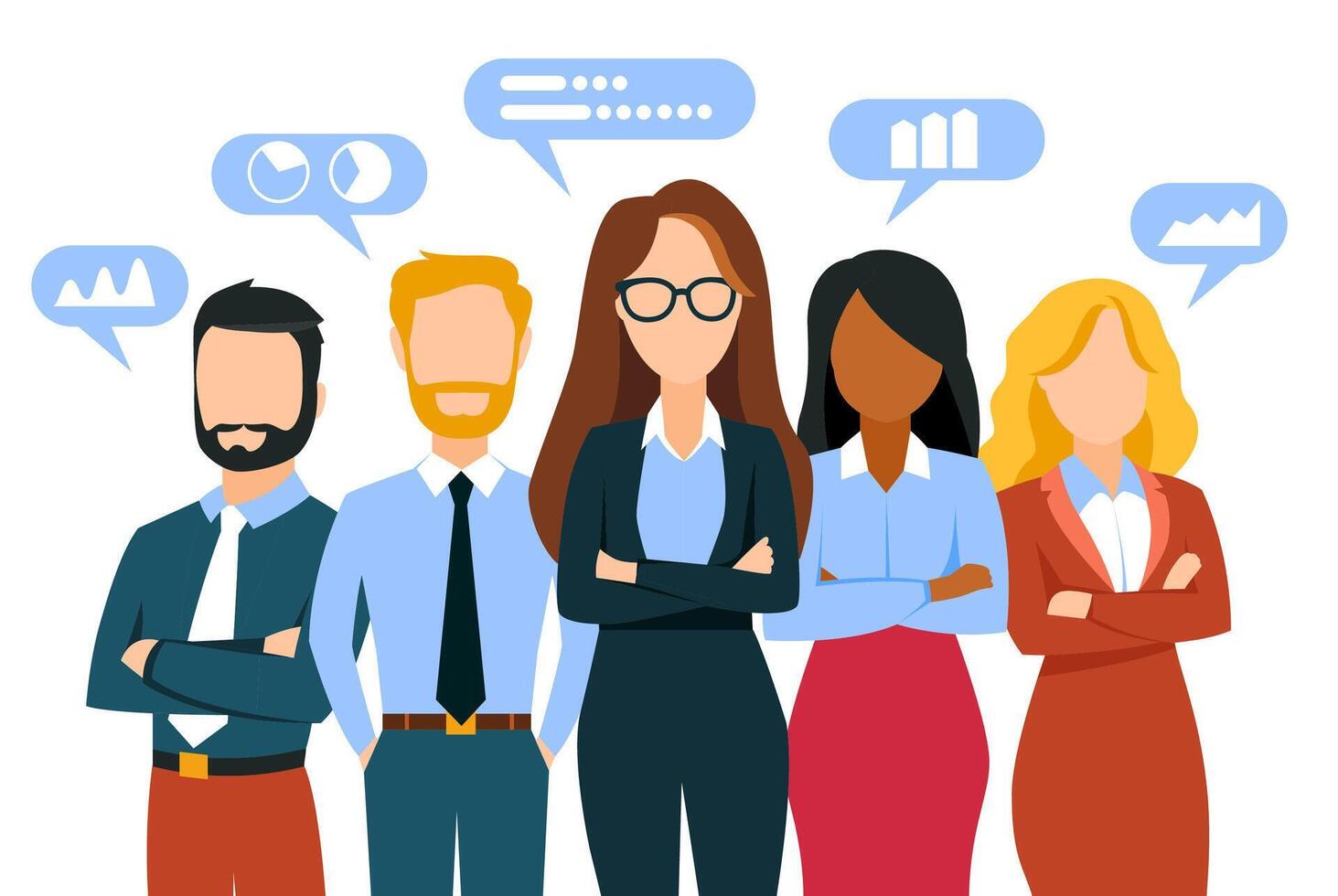Banner with Professional Business Team and Speech Bubbles Displaying Infographic in a Flat Design vector
