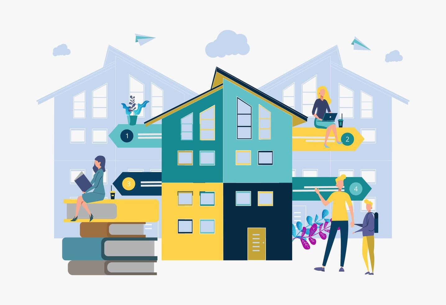 Students communicate with each other on a computer. Campus tours, campus events, on-campus training concept. Universitet website template. vector