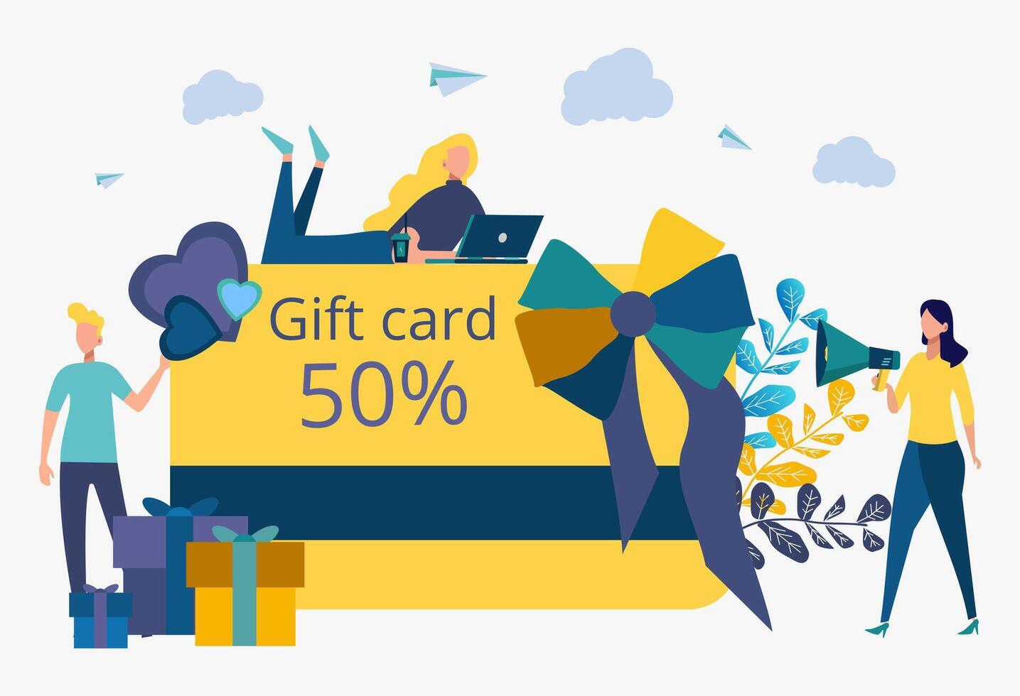 Business development strategy. Discounts on services, installment. Attracting customers, buyers. Online store. People catch things on the bait. Metaphor. Colorful Illustration vector