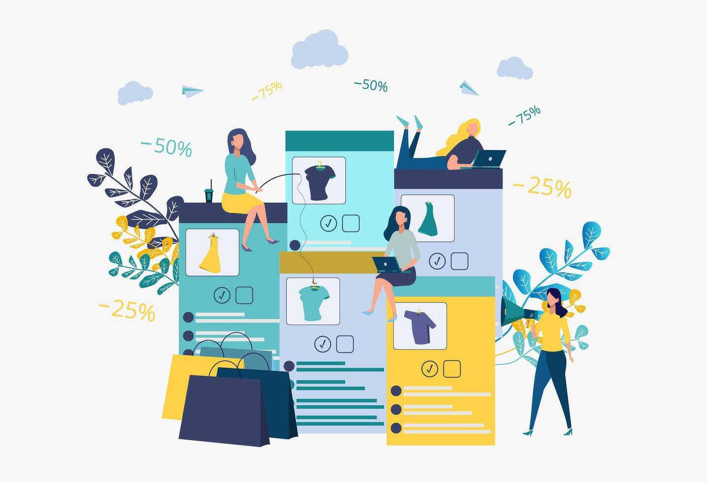 Business development strategy. Discounts on services, installment. Attracting customers, buyers. Online store. People catch things on the bait. Metaphor. Colorful Illustration vector
