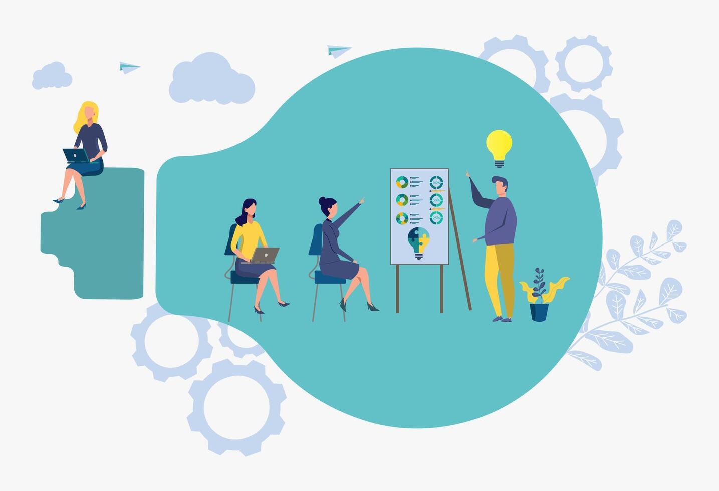 Business training, market design, selection for work, analysis of creative solutions, staff development. Colorful illustration. vector