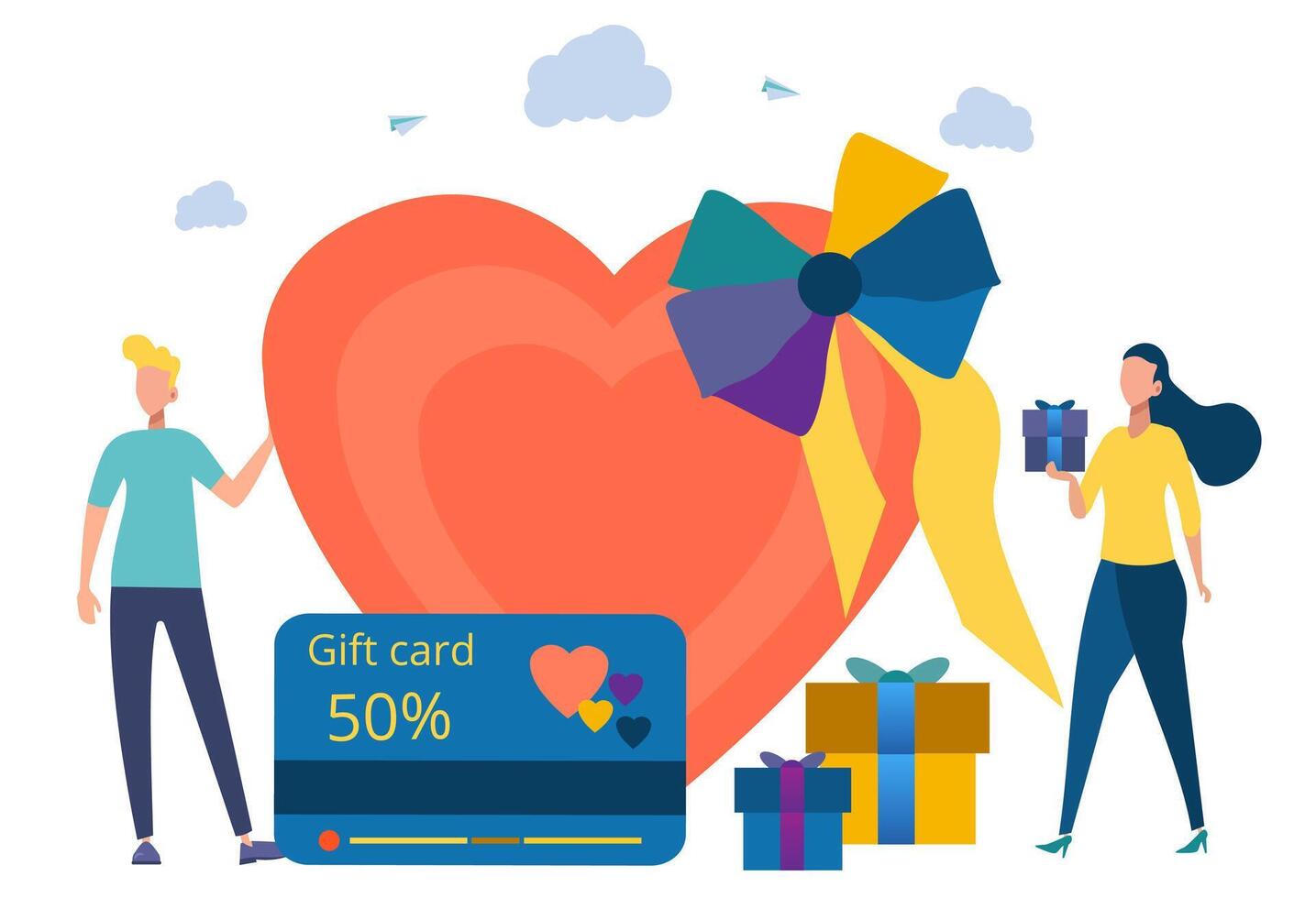 Gift card, gift voucher, discount coupon and gift voucher concept. People give presents. Colorful illustration vector