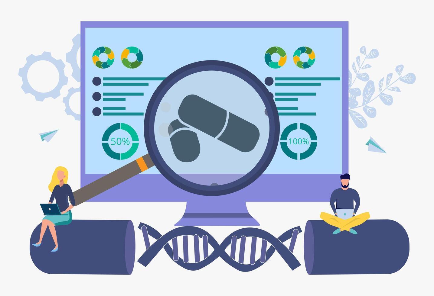 Scientists studying DNA and graphics with a magnifier on a laptop. Biotechnology, bioengineering concepts. Header Template vector