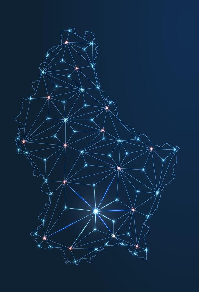 Map of Luxembourg connection. low-poly image of a global map with lights in the form of cities or population density, consisting of points and shapes in the form of stars and space. vector