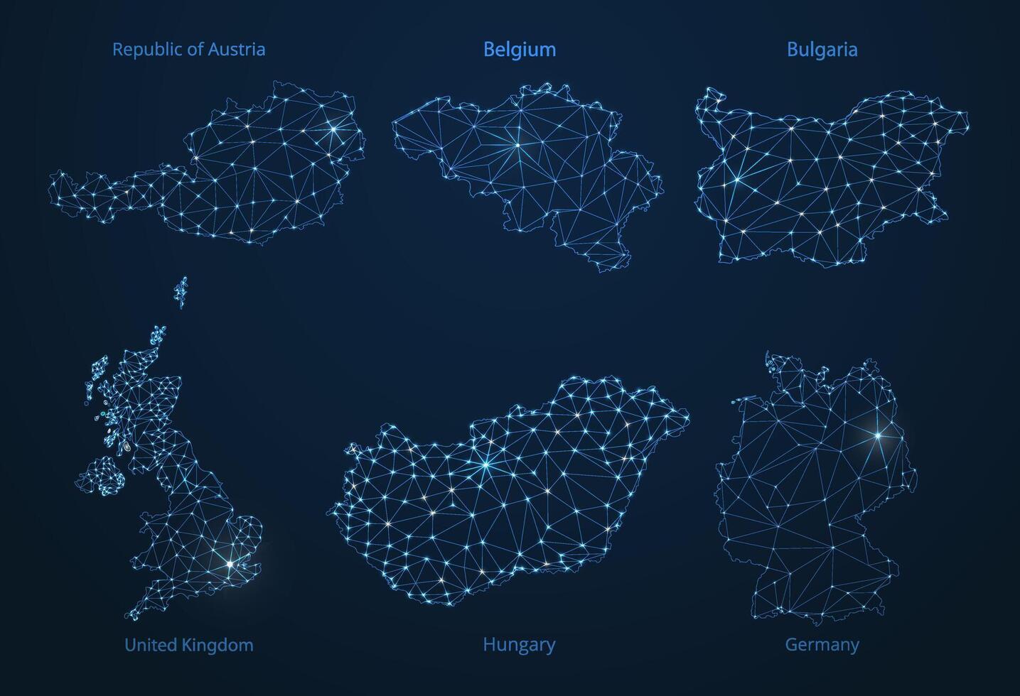 Map of communication networks of 6 countries of Europa. poly image of a global map with lights in the form of cities or population density, consisting of points and shapes in the form of stars. vector