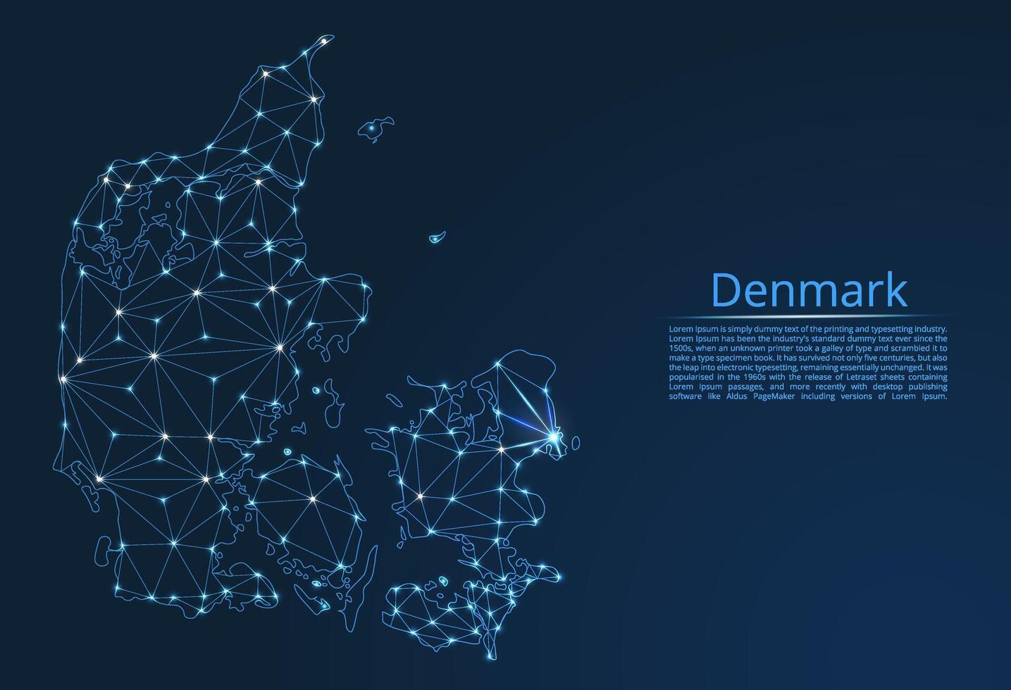Map of Denmark connection. low-poly image of a global map with lights in the form of cities or population density, consisting of points and shapes in the form of stars and space. vector