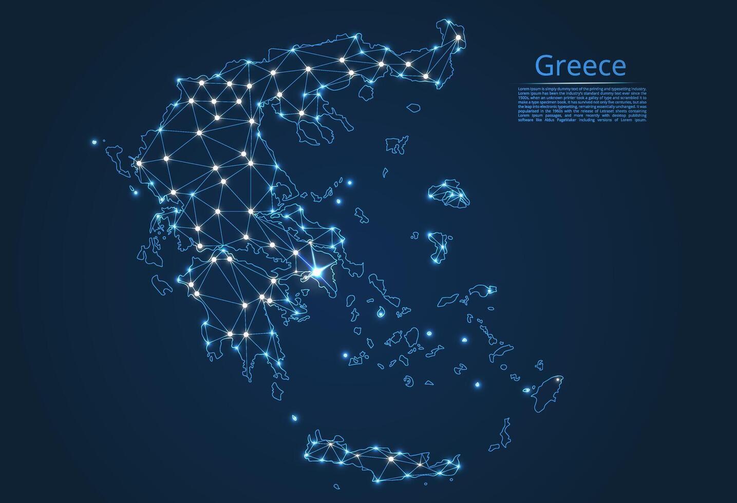 Map of Greece connection. low-poly image of a global map with lights in the form of cities or population density, consisting of points and shapes in the form of stars and space. vector