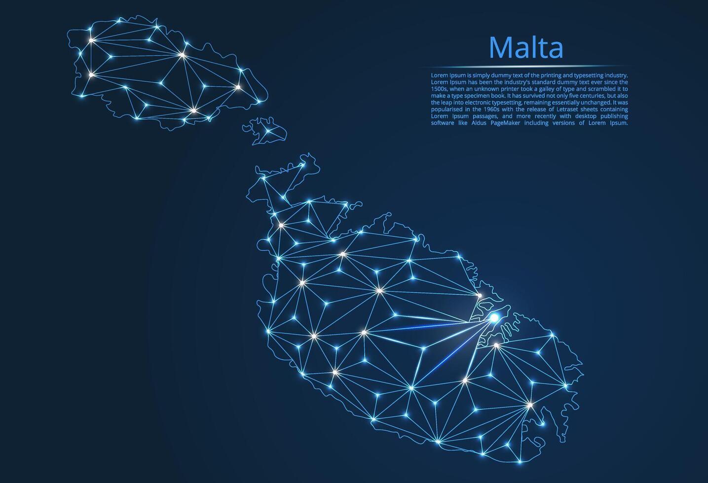 Map of Malta connection. low-poly image of a global map with lights in the form of cities or population density, consisting of points and shapes in the form of stars and space. vector