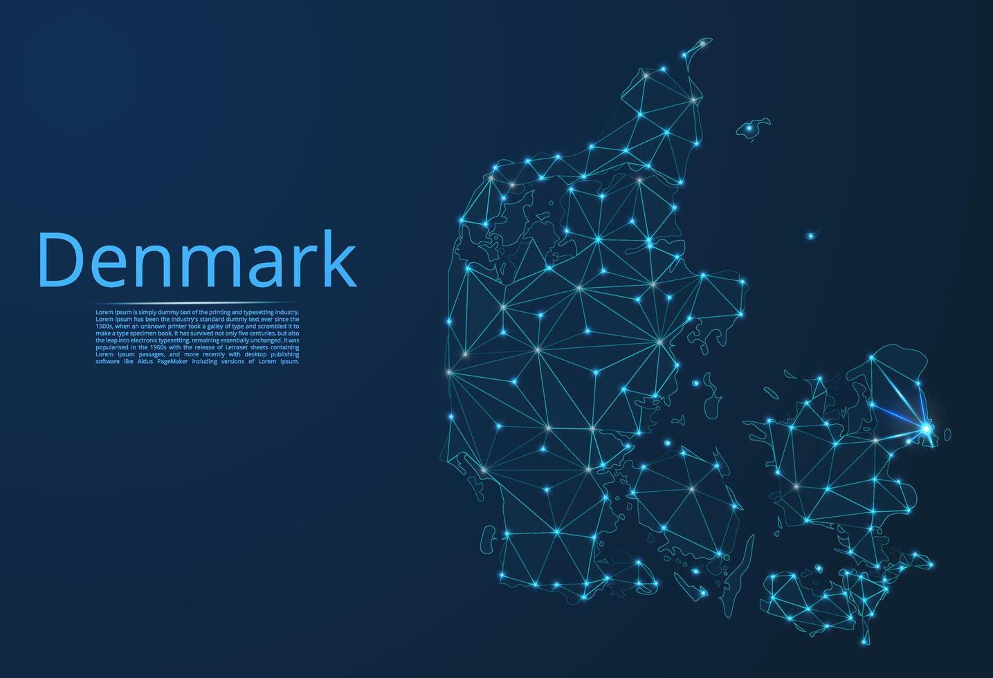 Map of Denmark connection. low-poly image of a global map with lights in the form of cities or population density, consisting of points and shapes in the form of stars and space. vector