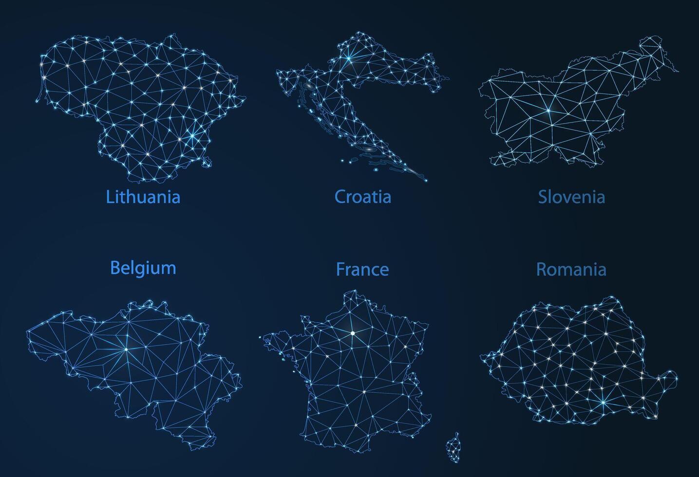 Map of communication networks of 6 countries of Europa. poly image of a global map with lights in the form of cities or population density, consisting of points and shapes in the form of stars. vector