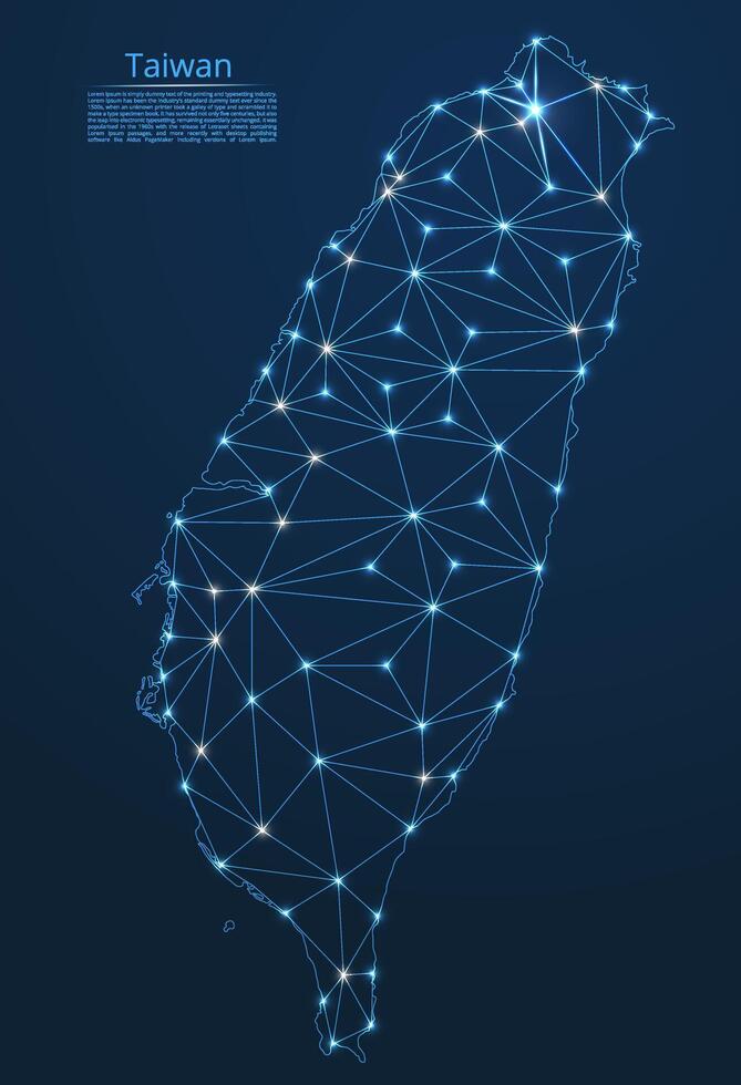 Map of Taiwan connection. low-poly image of a global map with lights in the form of cities or population density, consisting of points and shapes in the form of stars and space. vector