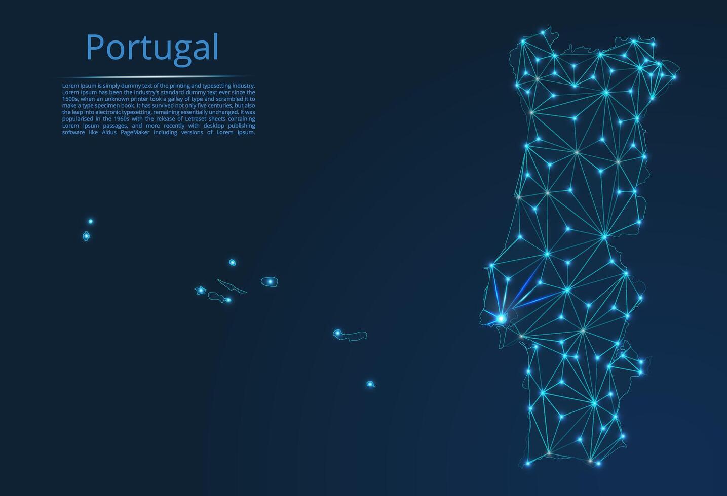 Map of Portugal connection. low-poly image of a global map with lights in the form of cities or population density, consisting of points and shapes in the form of stars and space. vector