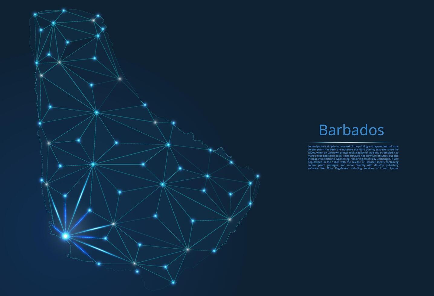 Map of Barbados connection. low-poly image of a global map with lights in the form of cities or population density, consisting of points and shapes in the form of stars and space. vector