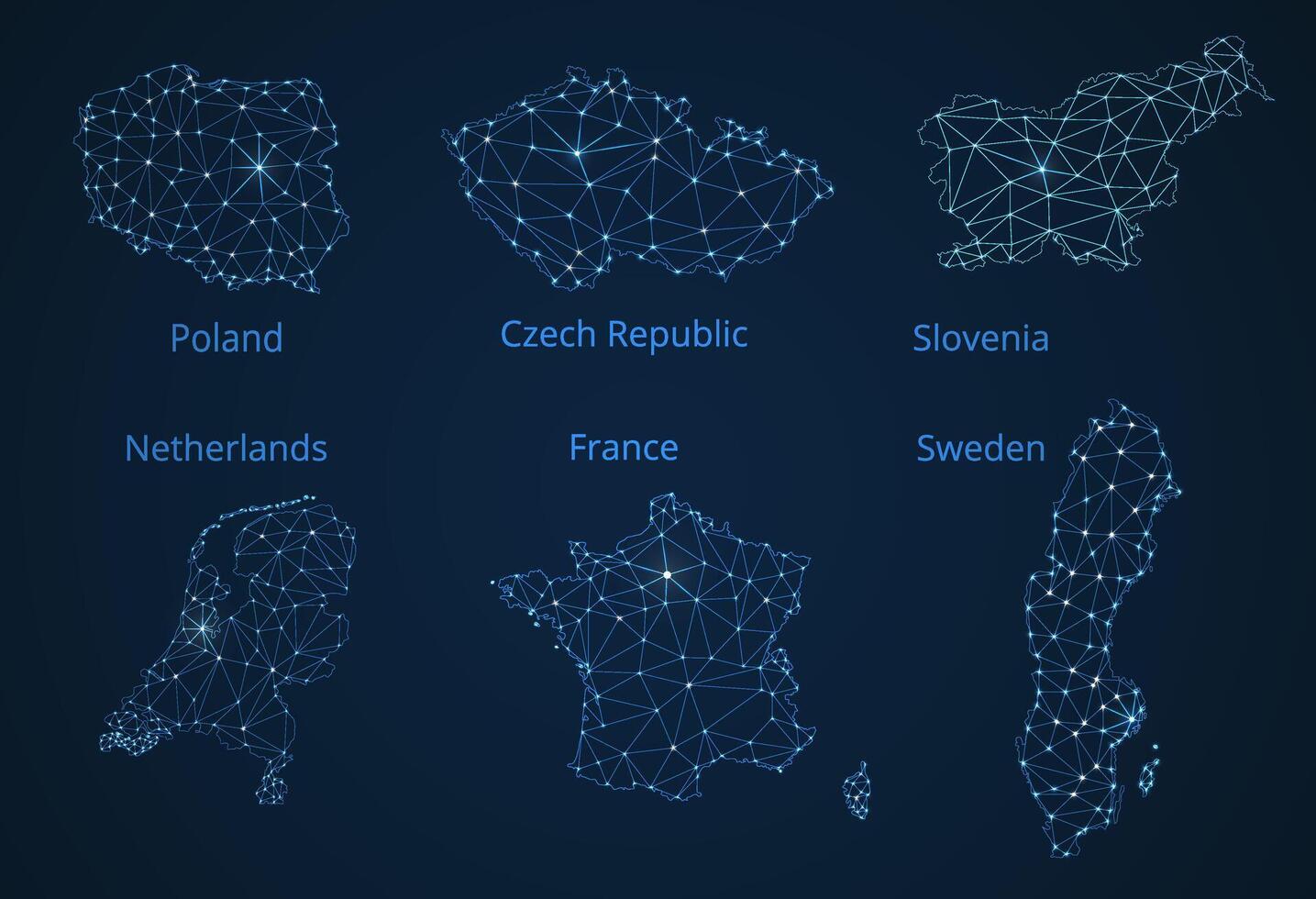 Map of communication networks of 6 countries of Europa. poly image of a global map with lights in the form of cities or population density, consisting of points and shapes in the form of stars. vector