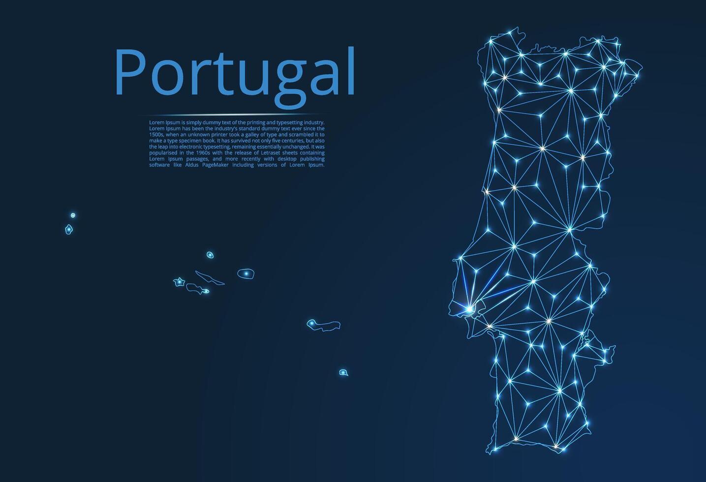 Map of Portugal connection. low-poly image of a global map with lights in the form of cities or population density, consisting of points and shapes in the form of stars and space. vector