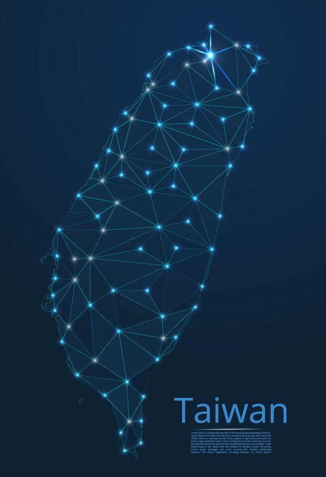 Map of Taiwan connection. low-poly image of a global map with lights in the form of cities or population density, consisting of points and shapes in the form of stars and space. vector